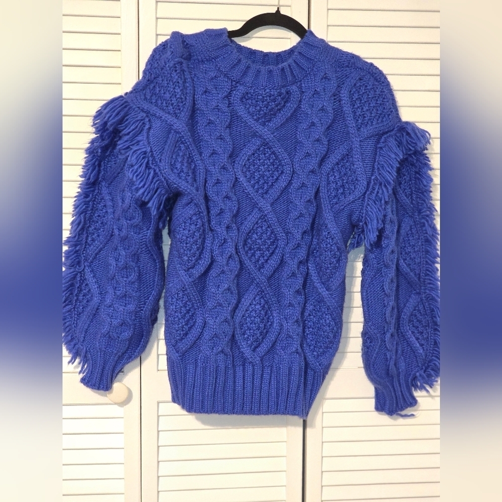 Fantastic Fawn Chunky Fringe Cable Knit Sweater | Royal Blue | Size Small NWOT - Picture 2 of 5